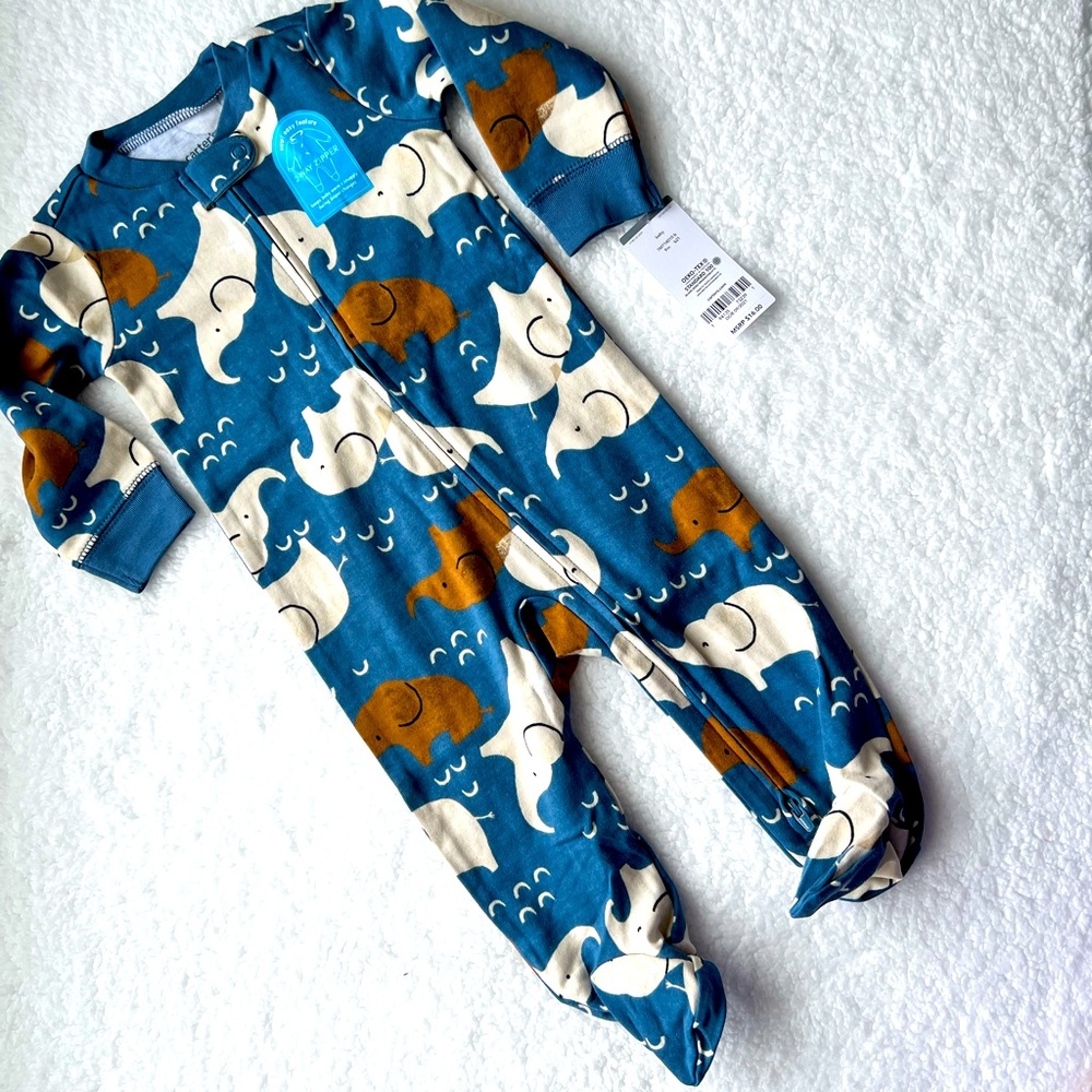 Carter’s elephant boys zip up pajama 9 months, blue/ brown/ tan
